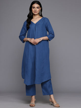 Varanga Women Blue Solid A-Line Kurta Paired With Tonal Bottom - Distacart