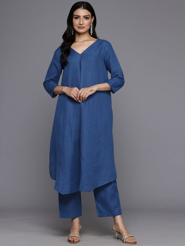 Varanga Women Blue Solid A-Line Kurta Paired With Tonal Bottom - Distacart