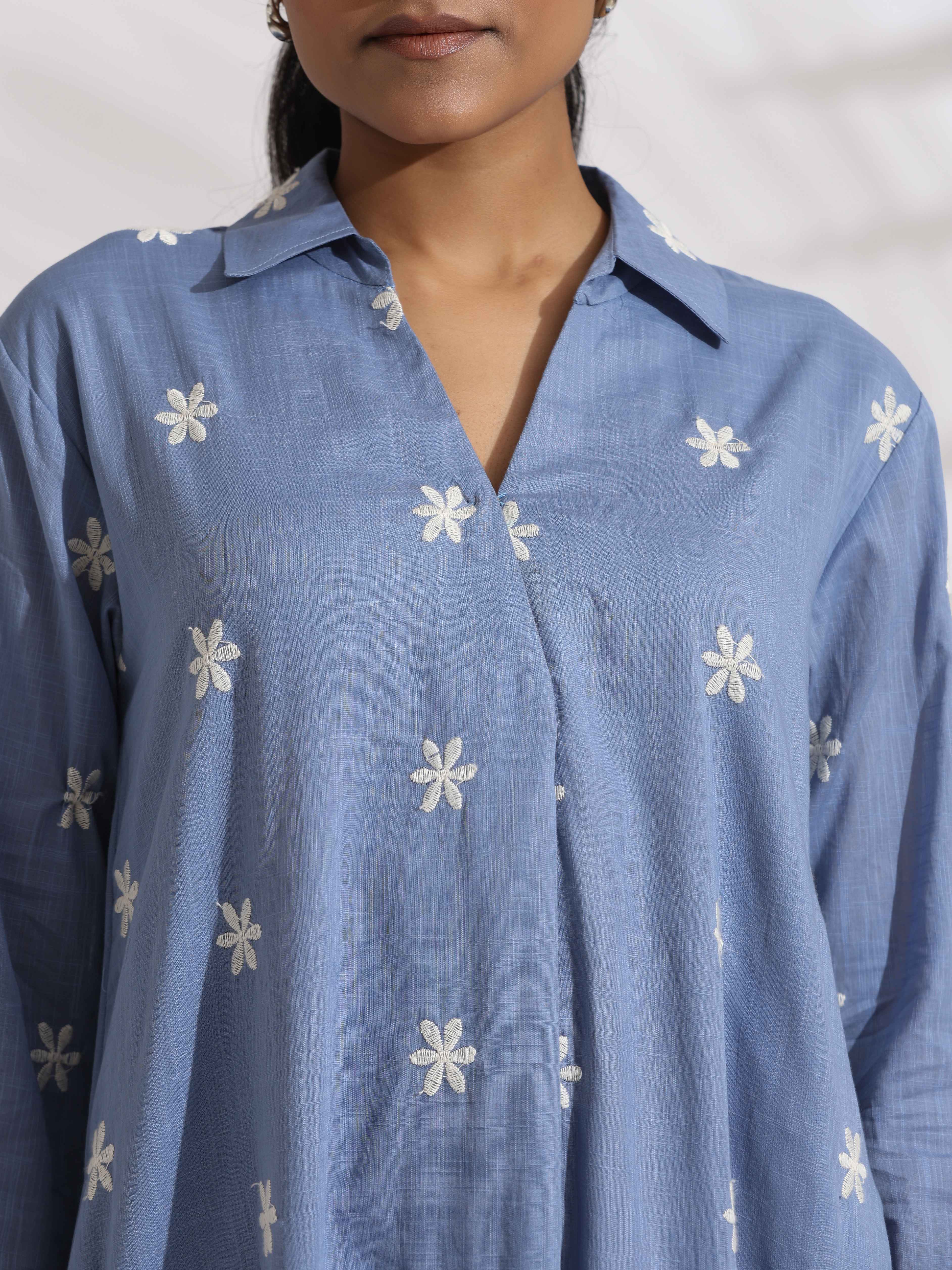 trueBrowns Blue Cotton Floral Embroidered Dress - Distacart