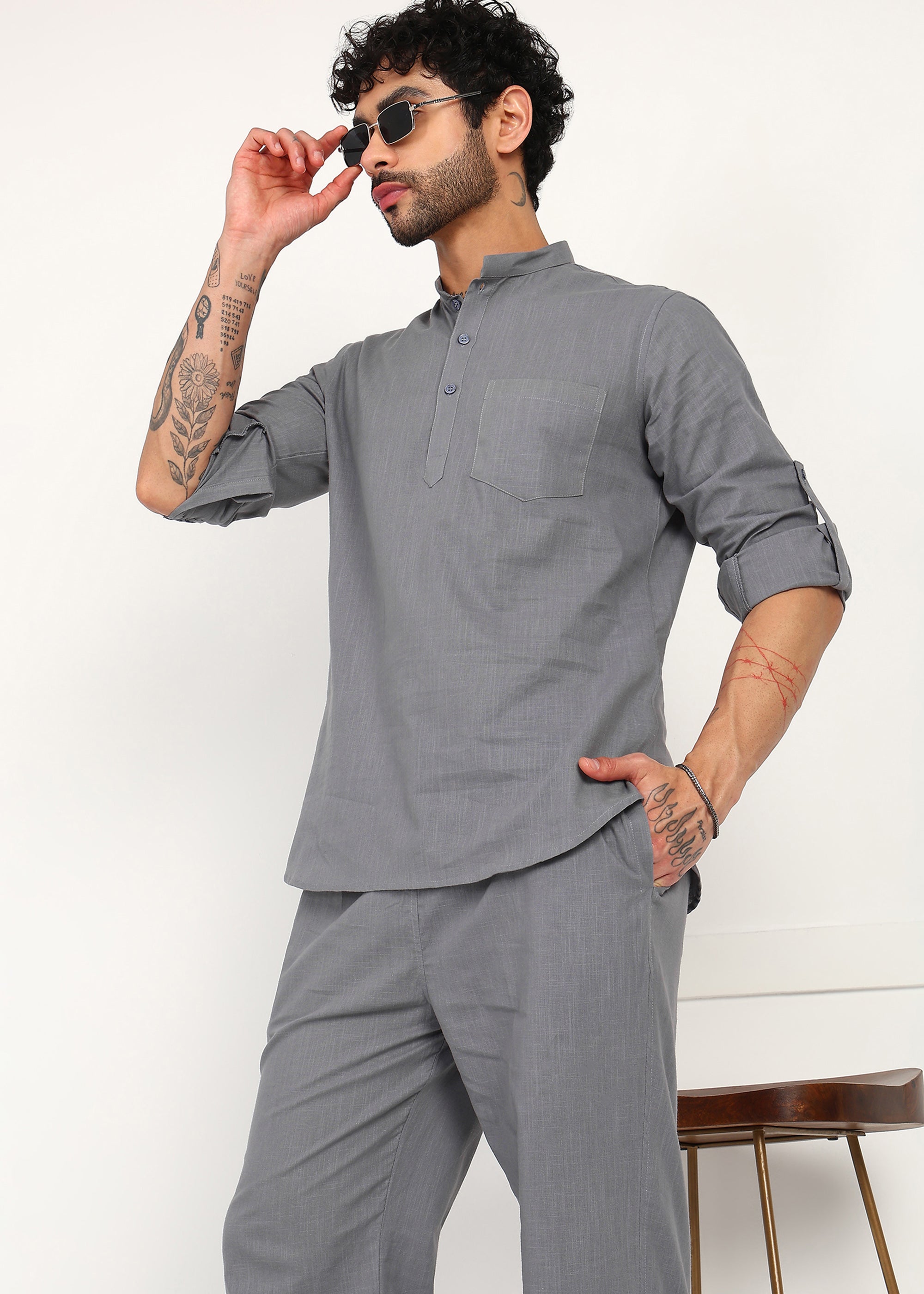 Fabmade Slate Grey Linen Short Kurta Co-Ord Set - Distacart
