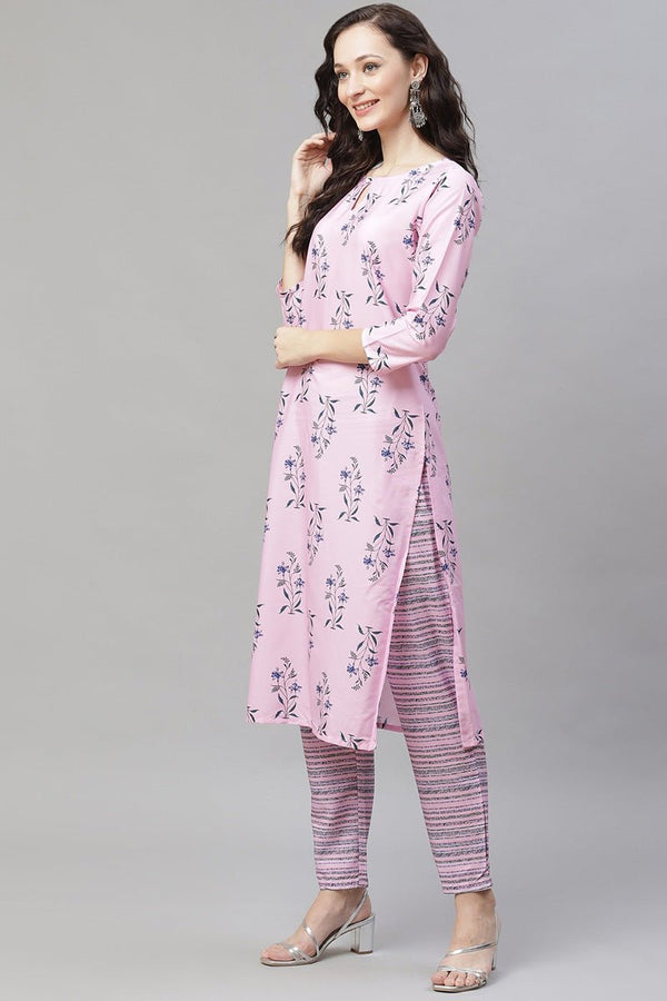 Ahika Pink Polyester Floral Print Straight Suit Set