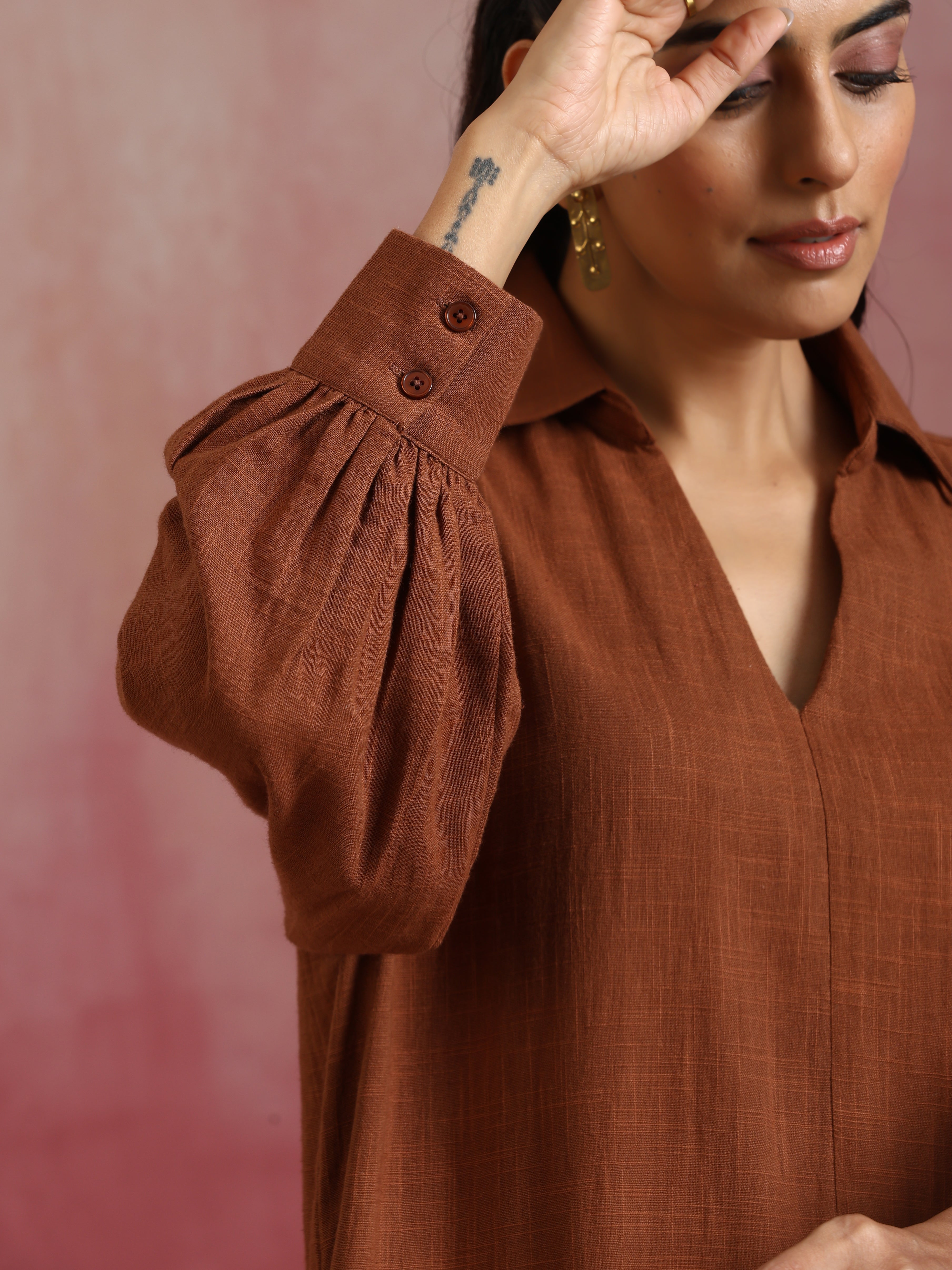 trueBrowns Brown Cotton Dobby Dress - Distacart