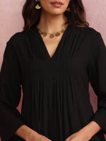 Thumbnail for trueBrowns Black Viscose Slub Pleated Kurta Co-ord Set