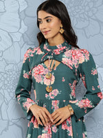 Thumbnail for Ahalyaa Floral Print Puff Sleeves Tie-Up Neck Crepe Ethnic Gown With Cut-Out Detail - Distacart