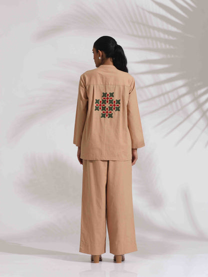 trueBrowns Beige Cotton Embroidered Shirt Top Co-ord Set - Distacart