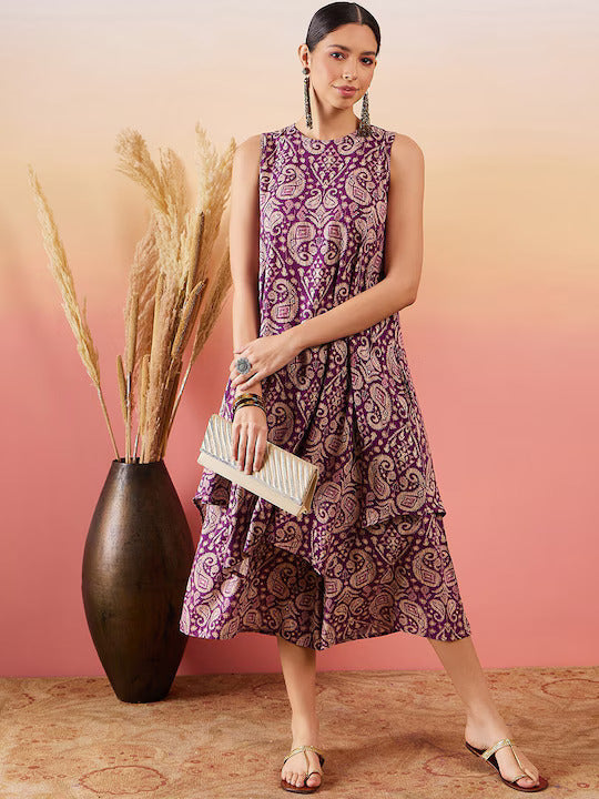 InWeave Dusty Mauve Paisley Round Neck Kurta Short Palazzo Set - Distacart