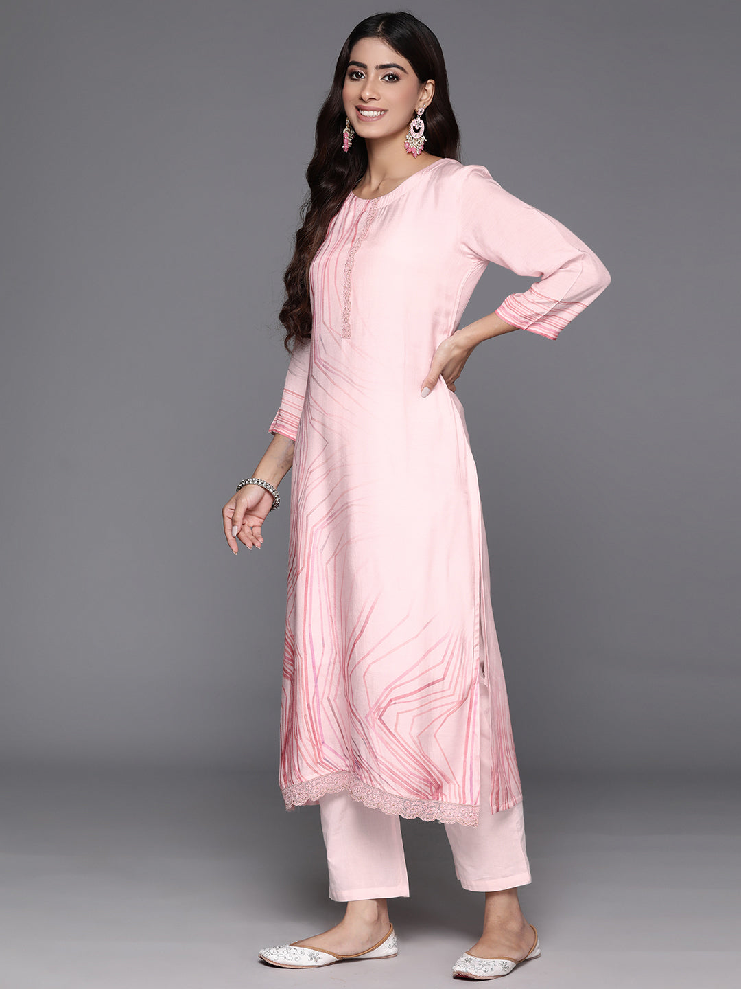 Varanga Women Pink Abstract Straight Kurta Paired With Tonal Bottom And Organza Embroidered Dupatta - Distacart