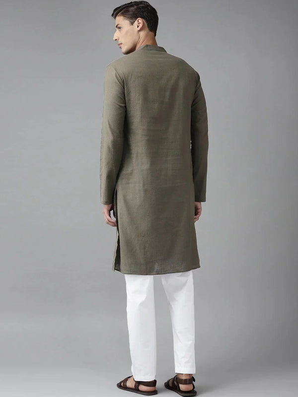 Fabmade Men Khaki Cotton Linen Kurta Pyjama