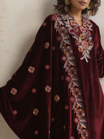 Thumbnail for trueBrowns Maroon Velvet Floral Embroidered Kurta Pant Dupatta Set