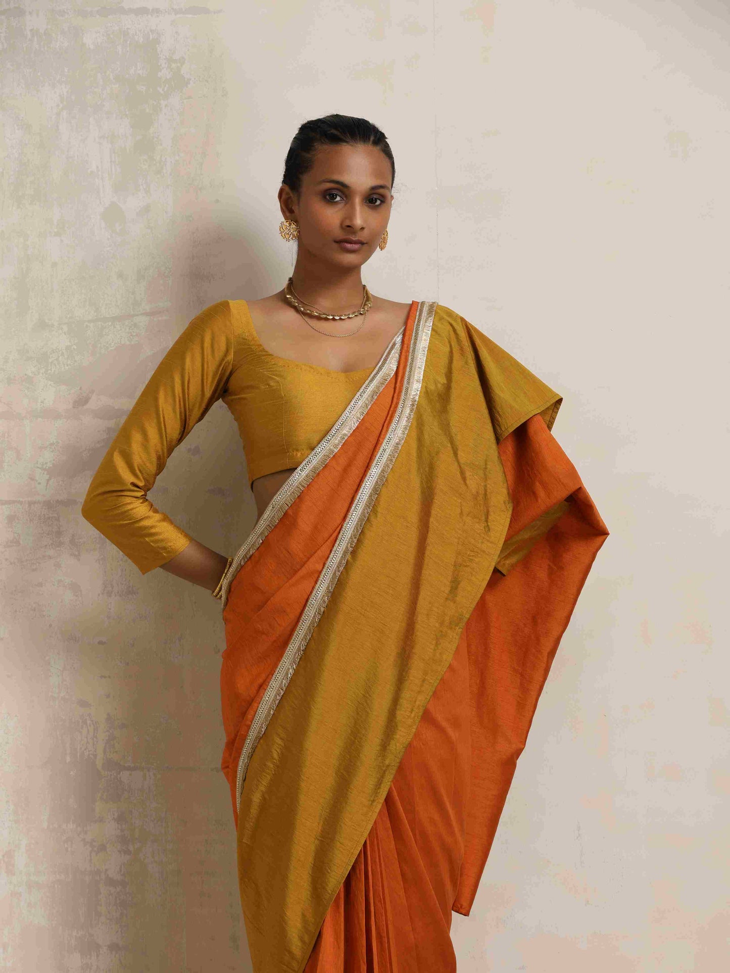 trueBrowns Orange Silk Ready To Wear Saree - Distacart