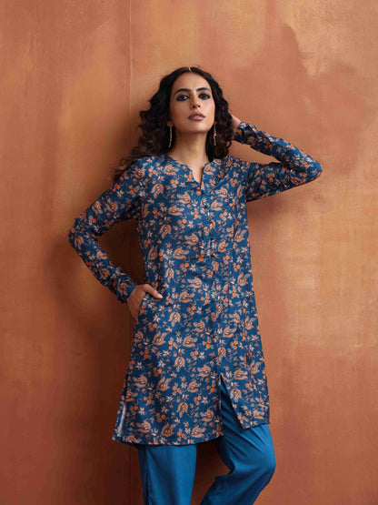 trueBrowns Blue Print Kurta Co-ord Set - Distacart