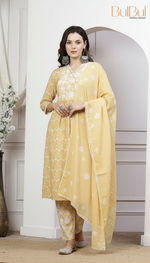 Thumbnail for BulBul Gulfam Cotton Offwhite Kurta Set with Dupatta