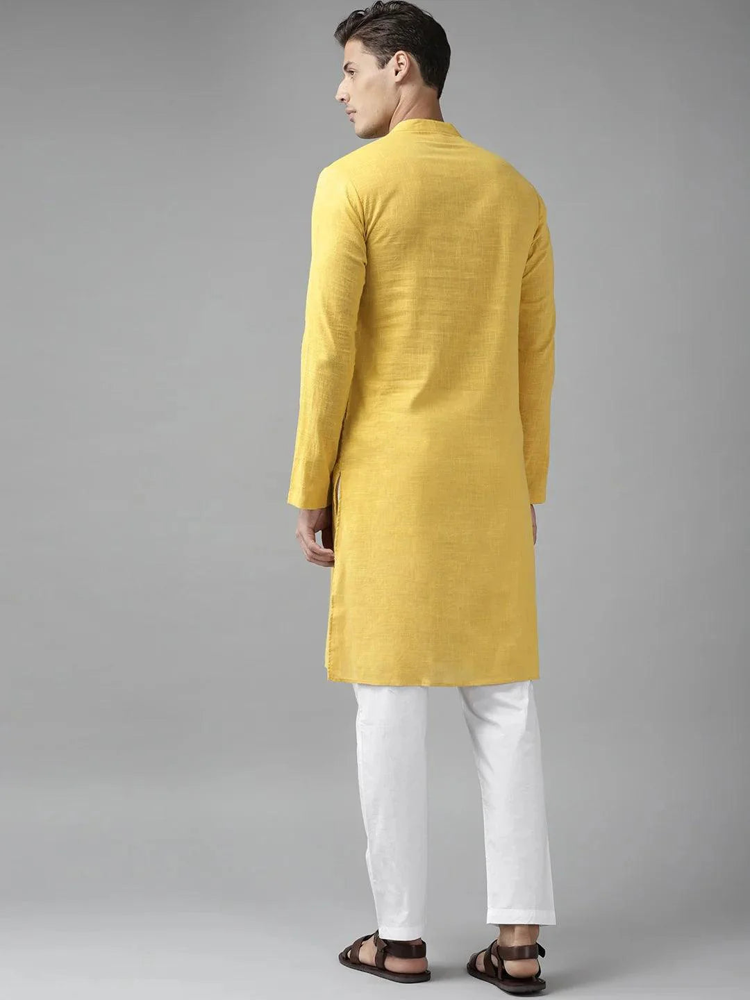 Fabmade Men Yellow Cotton Linen Kurta Pyjama