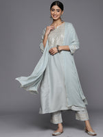 Thumbnail for Varanga Women Blue Mirror Work Yoke Embroidered Straight Kurta Paired With Tonal Bottom And Tonal Solid Dupatta With Four Side Fringes - Distacart