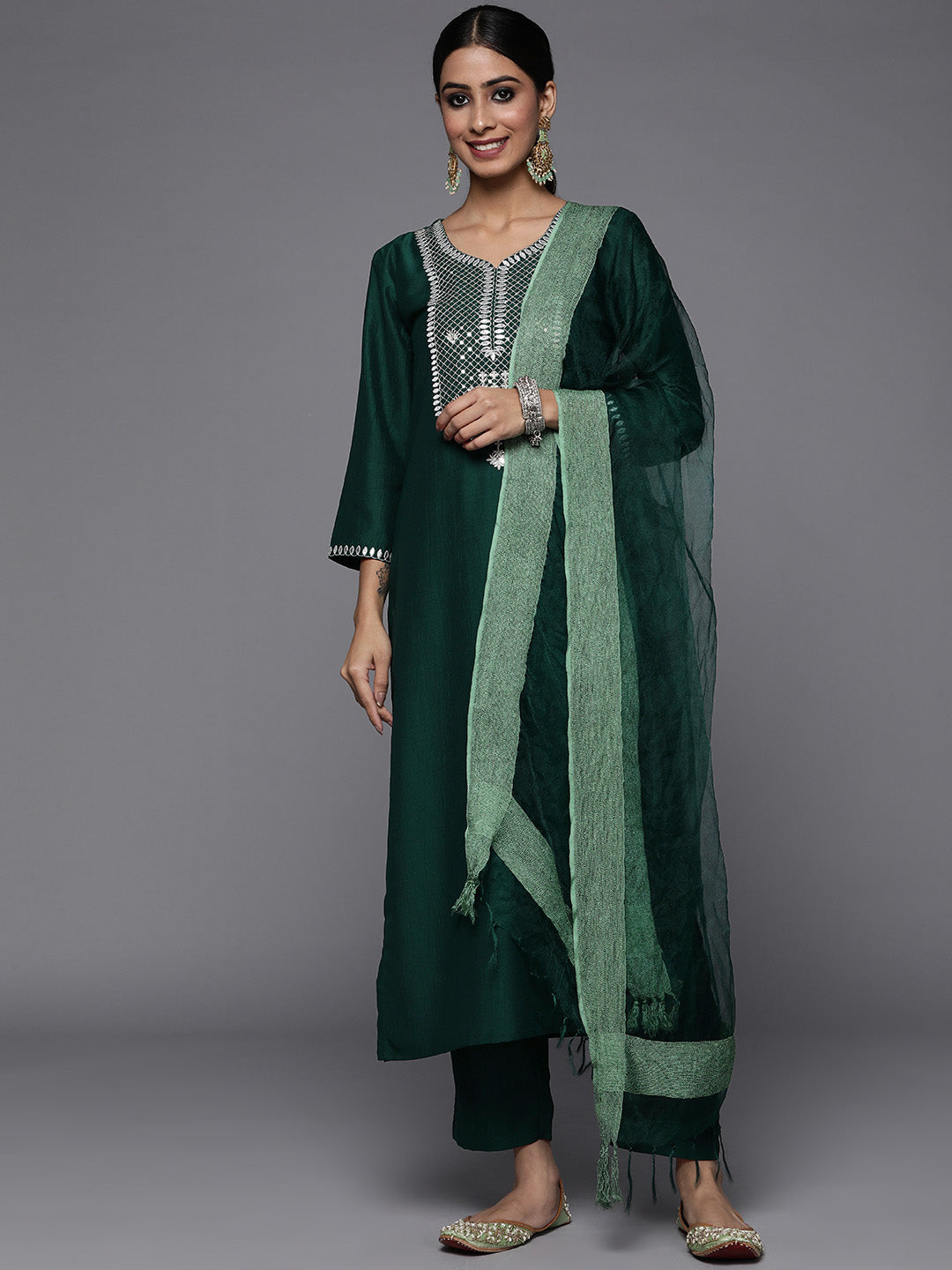 Varanga Green Embroidered Kurta Paired With Tonal Trouser And Dupatta - Distacart