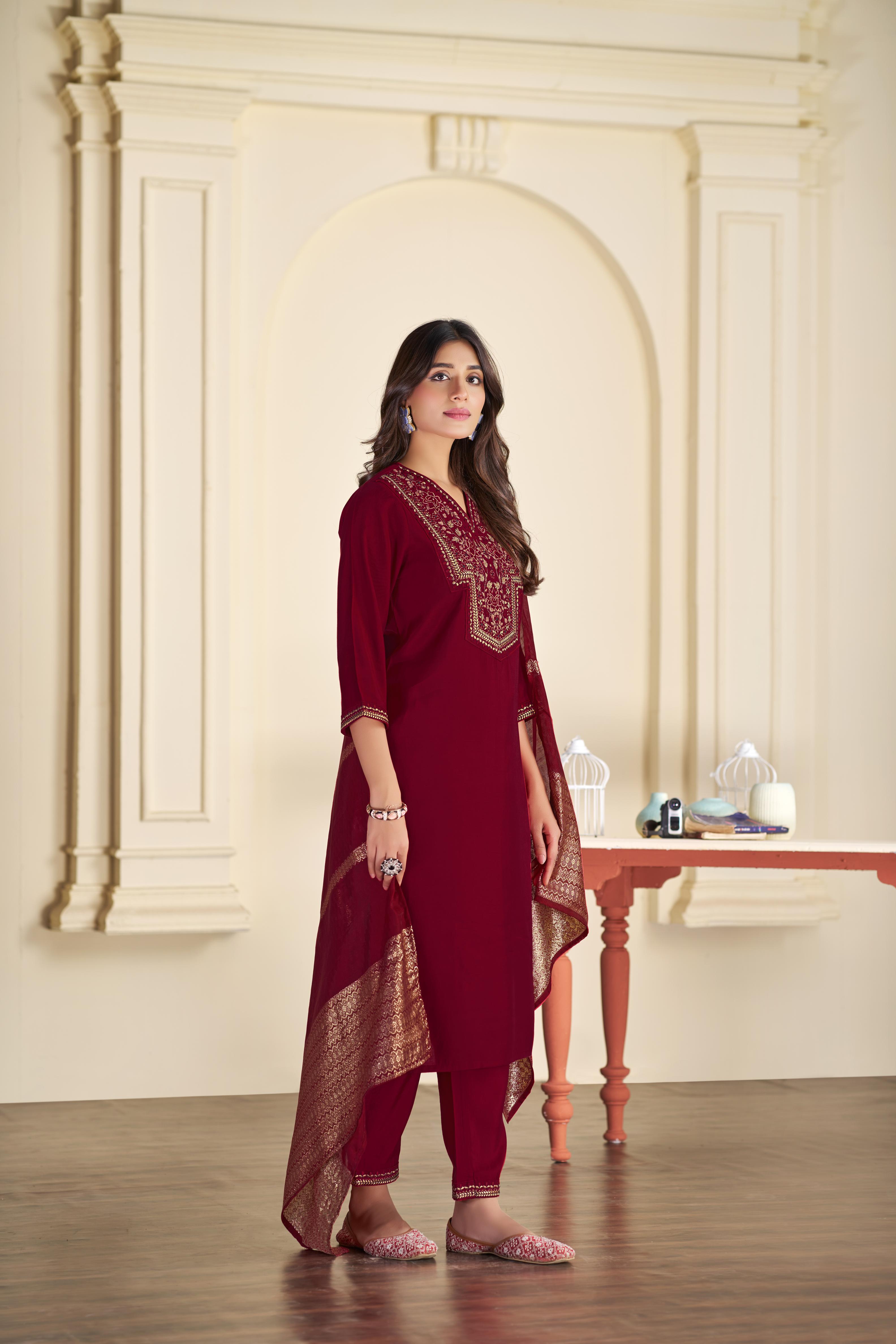 BulBul Ruhani Solid Maroon & Golden Embroidered Roman Silk Salwar Suit
