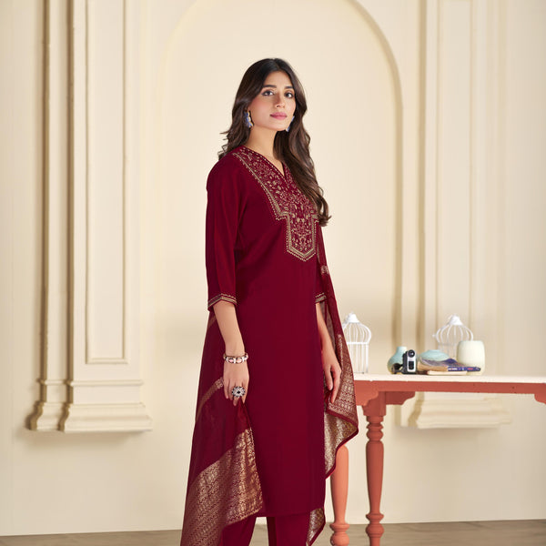BulBul Ruhani Solid Maroon & Golden Embroidered Roman Silk Salwar Suit