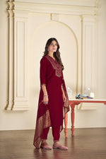 Thumbnail for BulBul Ruhani Solid Maroon & Golden Embroidered Roman Silk Salwar Suit