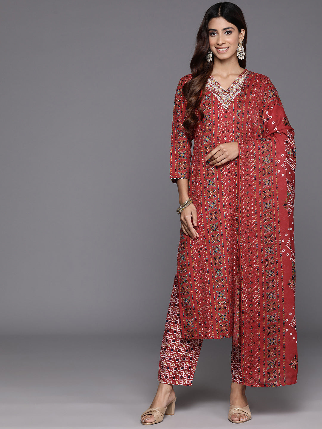 Varanga Women Red Printed V-Neck Embroidered Kurta With Bottom And Dupatta - Distacart