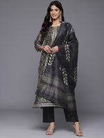 Thumbnail for Varanga Women Grey Floral Printed Round Neck Straight Kurta Paired With Bottom And Printed Dupatta - Distacart