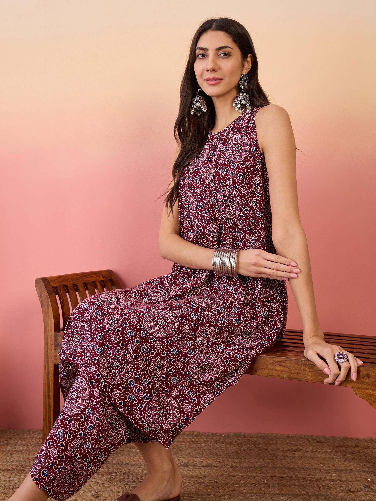 InWeave Maroon Navy Ajrakh Foil Round Neck Kurta Pant Set