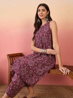 Thumbnail for InWeave Maroon Navy Ajrakh Foil Round Neck Kurta Pant Set