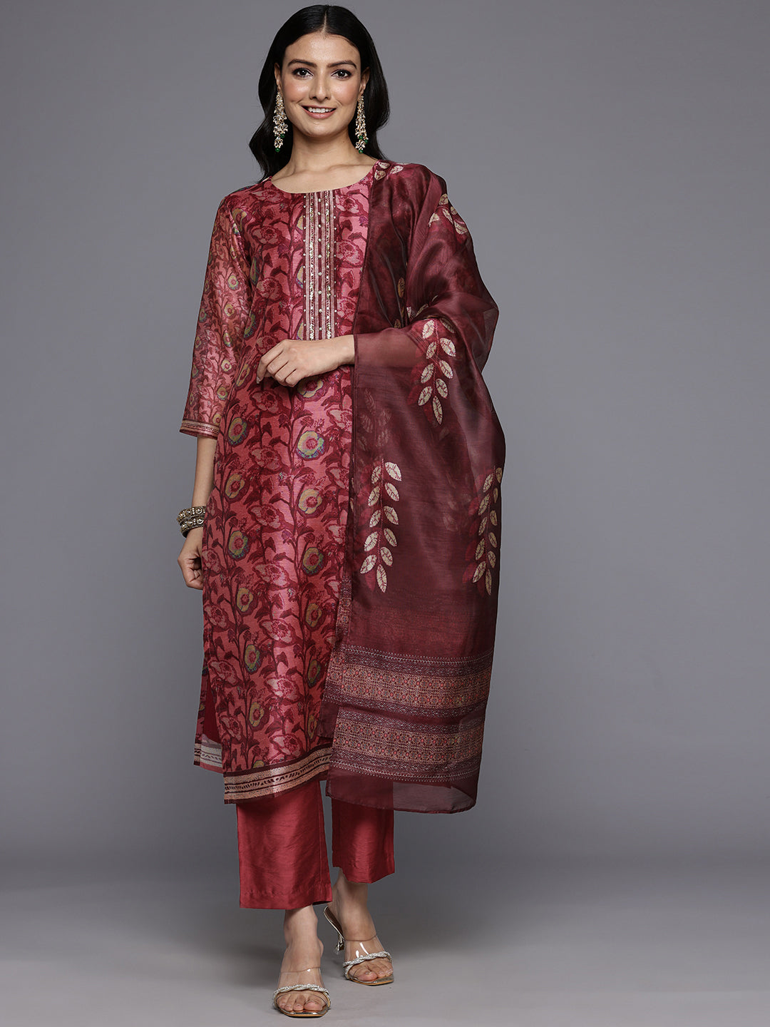 Varanga Women Maroon Floral Printed Kurta, Round Neck Straight Kurta Paired With Tonal Bottom And Printed Dupatta - Distacart