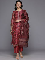 Thumbnail for Varanga Women Maroon Floral Printed Kurta, Round Neck Straight Kurta Paired With Tonal Bottom And Printed Dupatta - Distacart