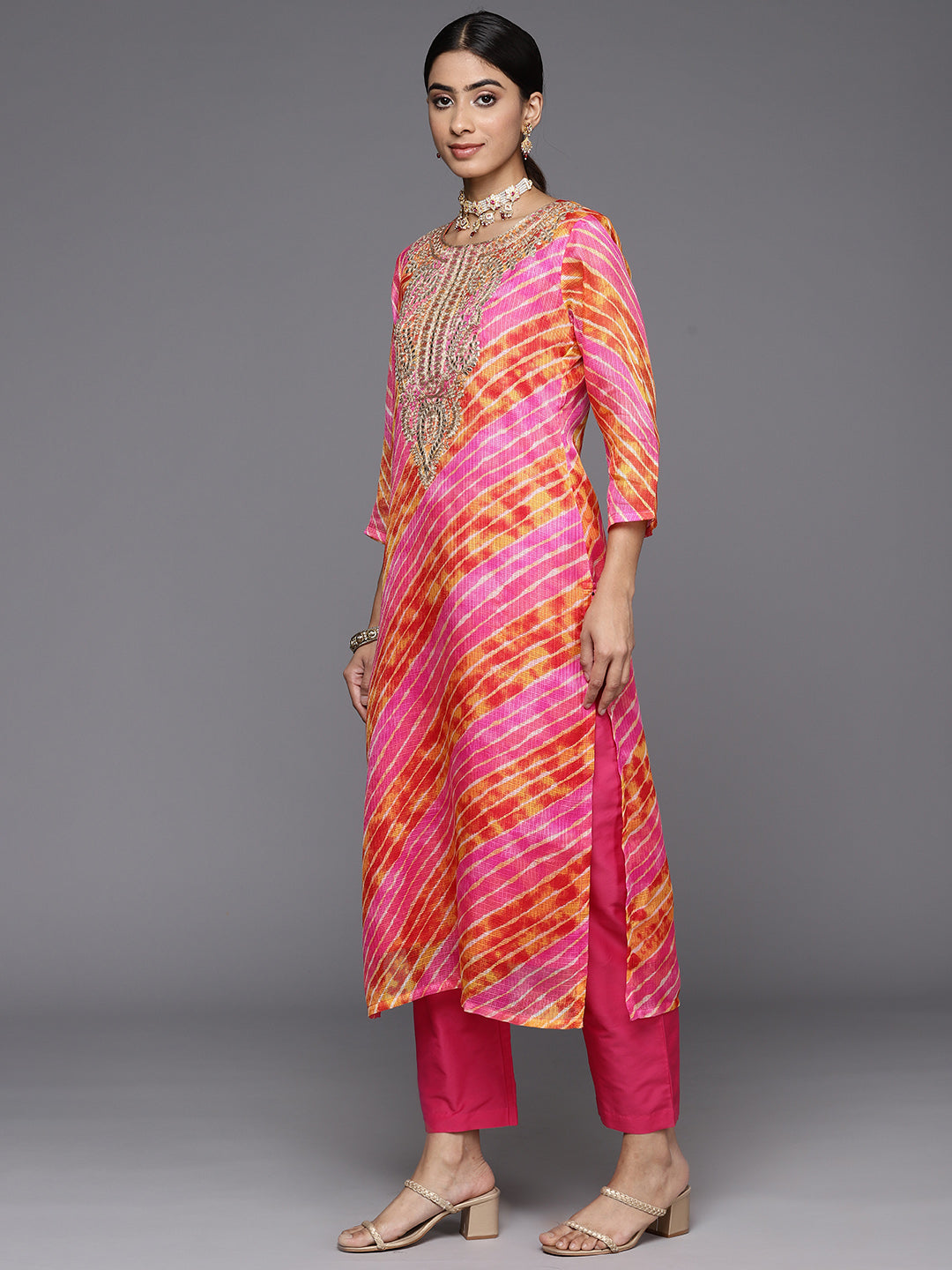 Varanga Women Pink And Yellow Lehariya, Gota Embroidered Yoke Straight Kurta Paired With Tonal Bottom And Tonal Dupatta - Distacart