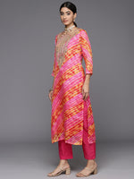 Thumbnail for Varanga Women Pink And Yellow Lehariya, Gota Embroidered Yoke Straight Kurta Paired With Tonal Bottom And Tonal Dupatta - Distacart