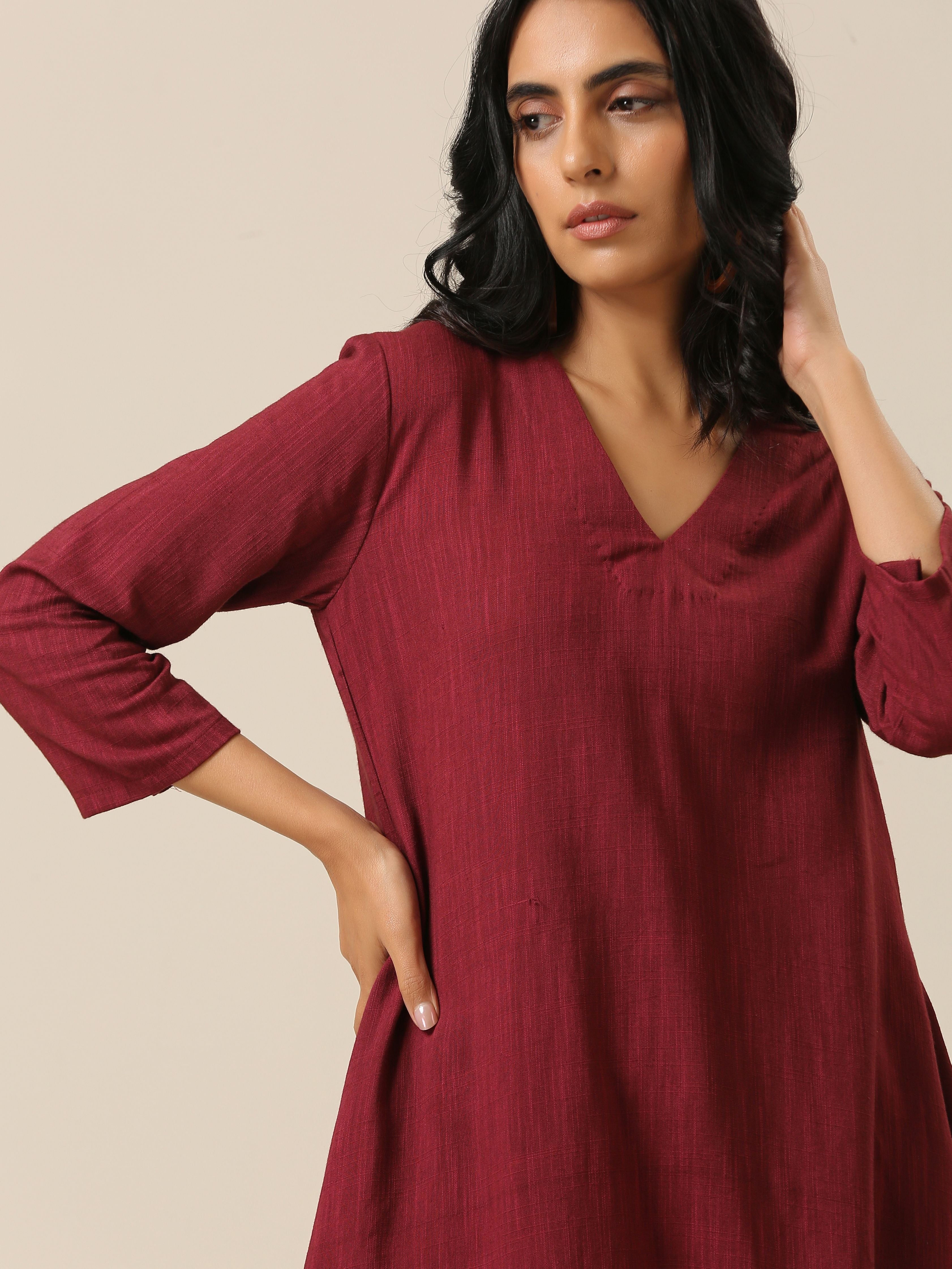 trueBrowns Ruby Wine Slub Texture Back Pleat Kurta Pant Set - Distacart
