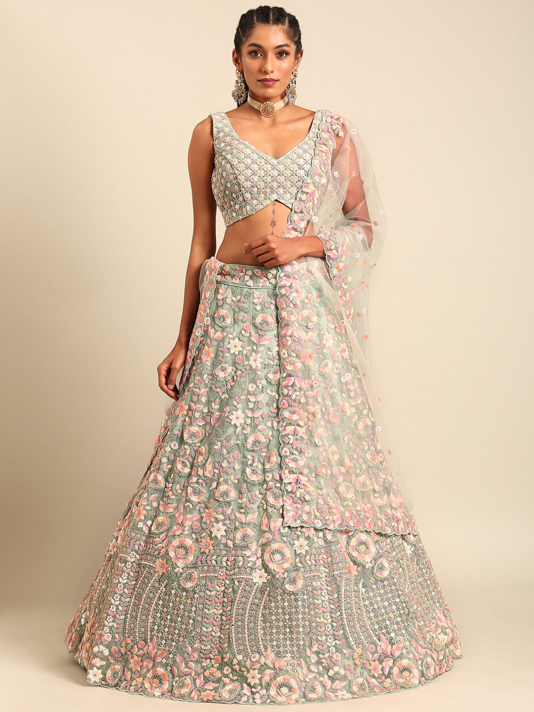 House of Panchhi Sea green Net Multi Sequins with heavy Zarkan embroidery Lehenga choli & Dupatta - Distacart