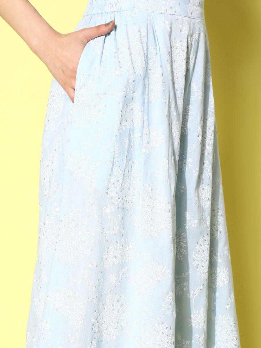 Ahalyaa Women Off White & Blue Floral Printed Flared Ethnic Palazzos - Distacart