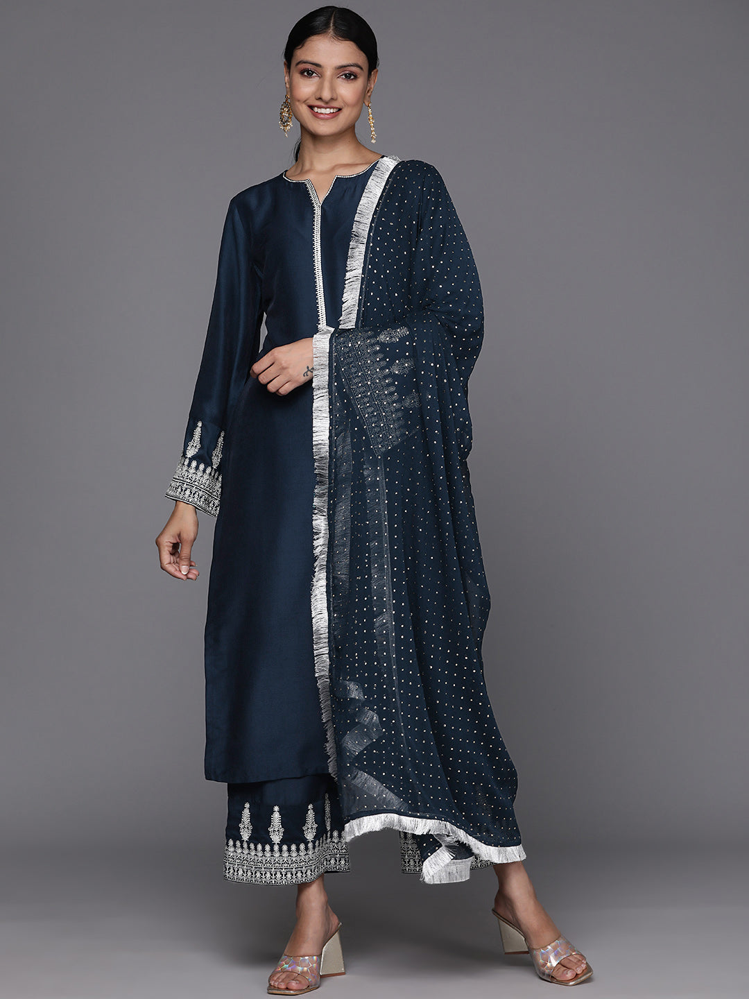 Varanga Women Navy Blue Embroidered Straight Kurta Paired With Tonal Bottom And Dotted Dupatta With Four Sided Fringes - Distacart