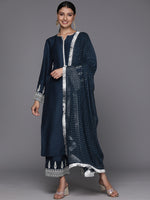 Thumbnail for Varanga Women Navy Blue Embroidered Straight Kurta Paired With Tonal Bottom And Dotted Dupatta With Four Sided Fringes - Distacart