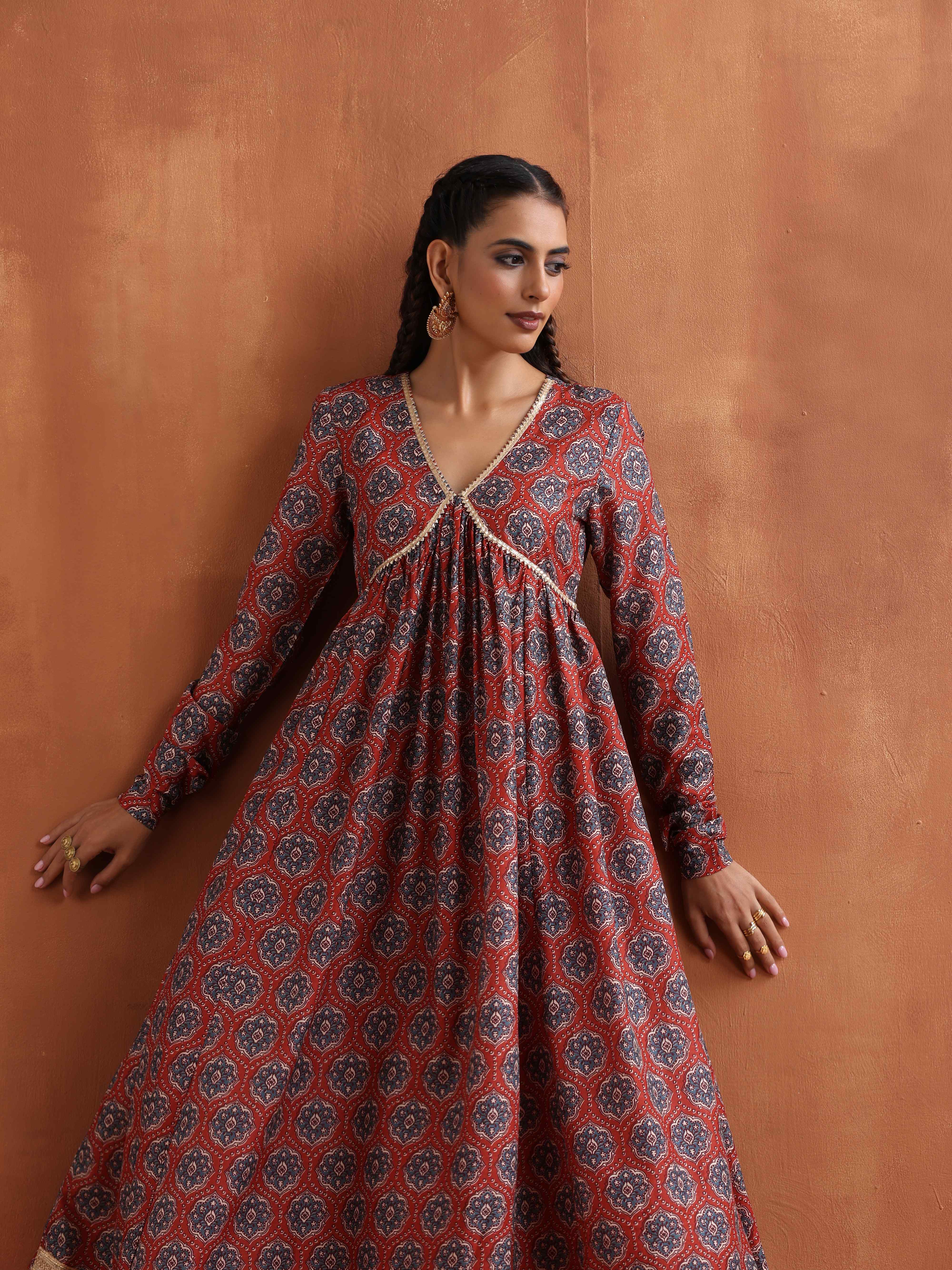 trueBrowns Rust Ajrak Print Flared Anarkali Kurta Set - Distacart