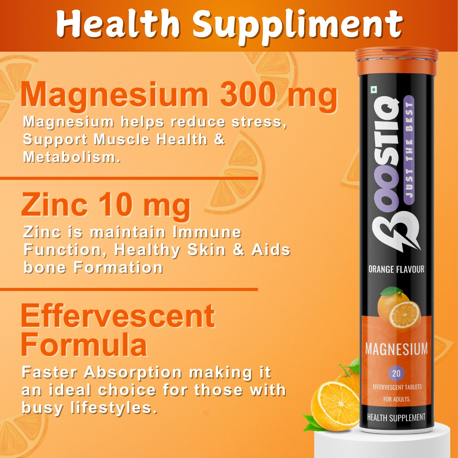 BOOSTIQ Magnesium Effervescent Tablets - Orange Flavour - Distacart
