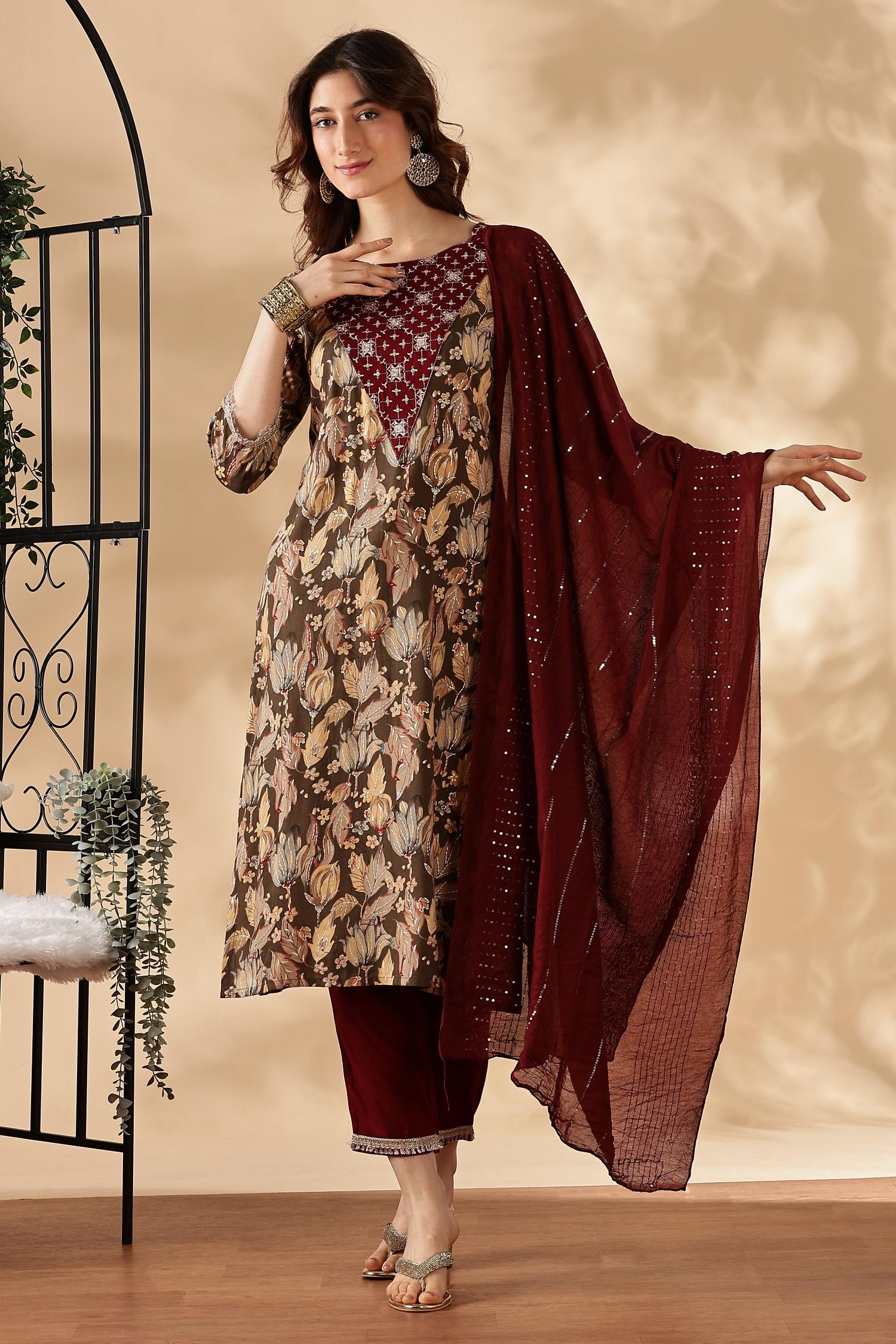 BulBul Areba Printed Wine & Teal Rayon Salwar Suit