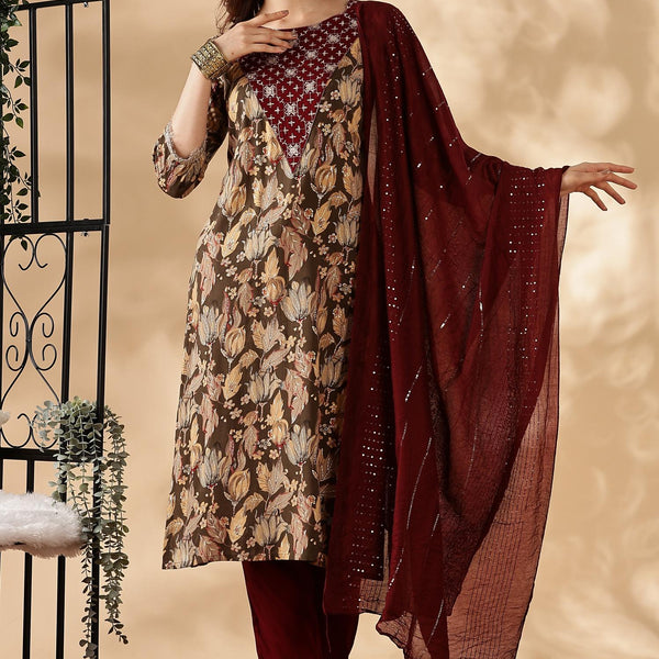 BulBul Areba Printed Wine & Teal Rayon Salwar Suit