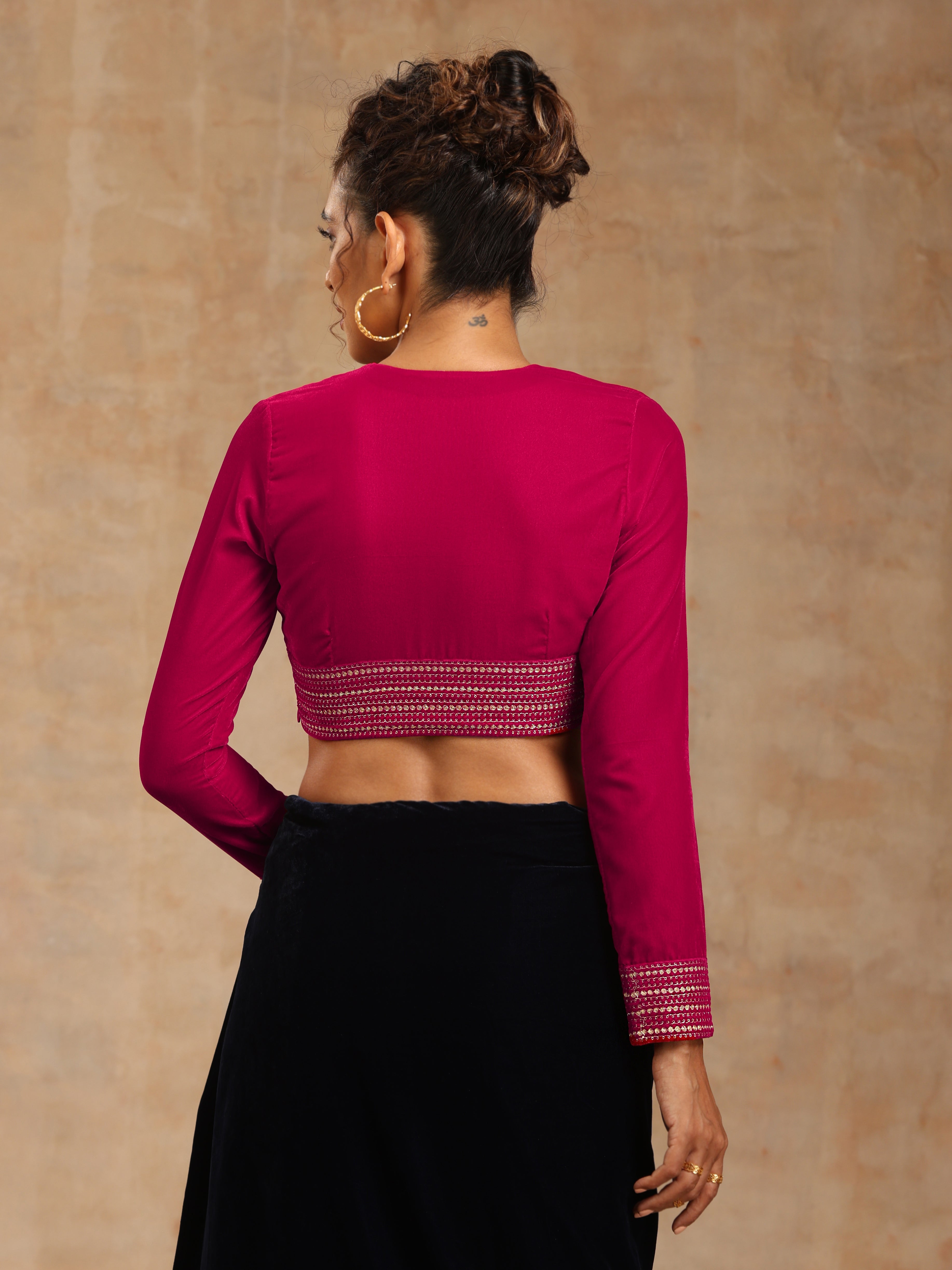 trueBrowns Rani Pink Velvet Embroidered Blouse - Distacart