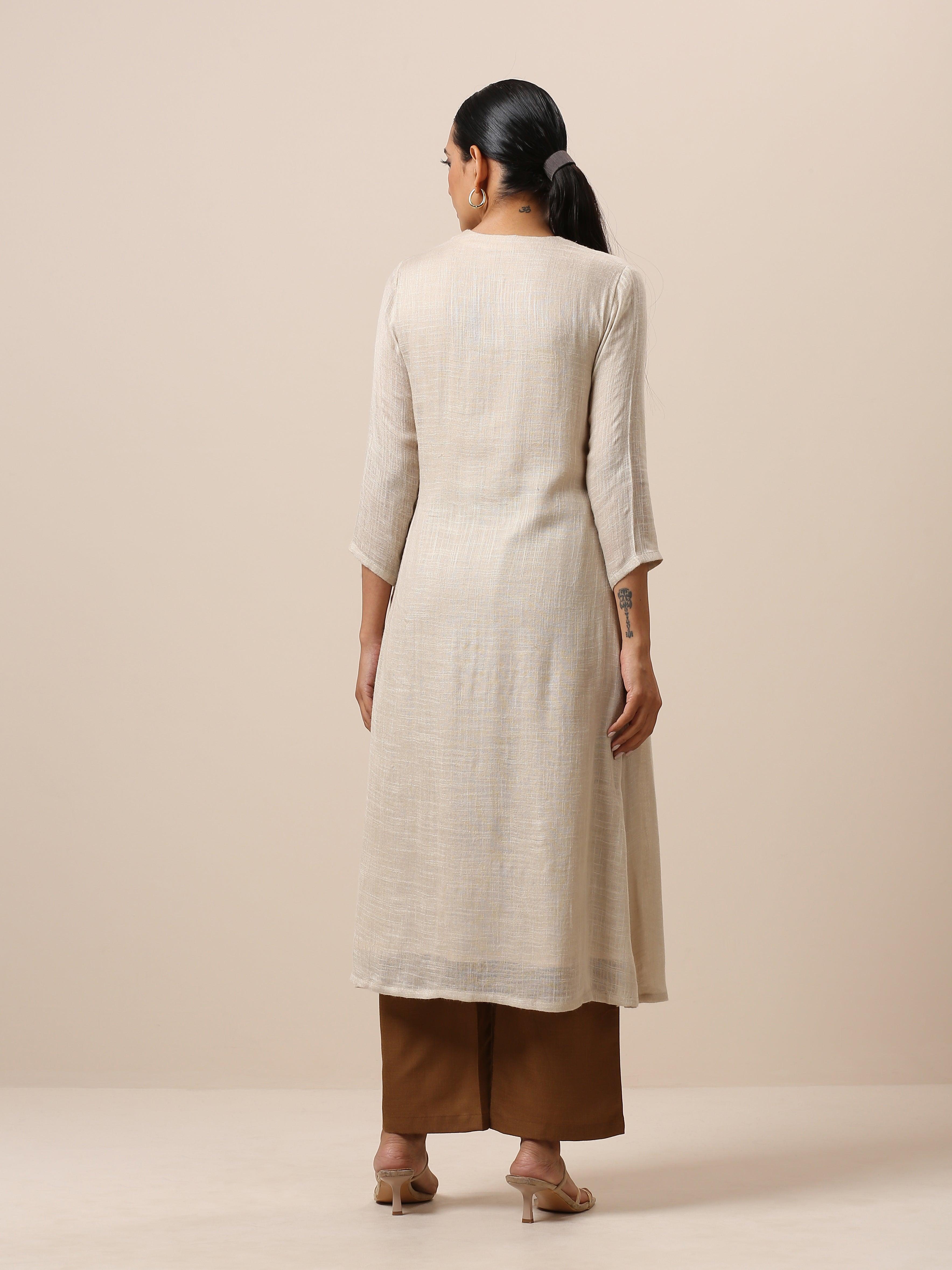 trueBrowns Linen Beige Textured Slit Kurta Pant Set - Distacart