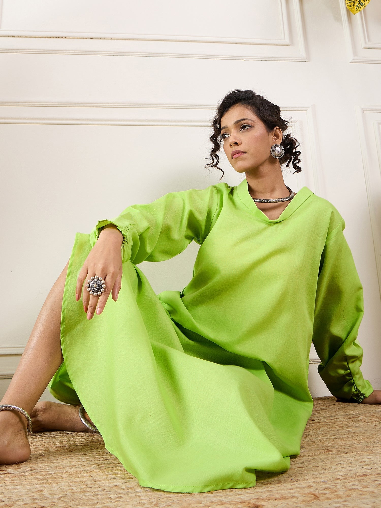 InWeave Neon Green Shawl Neck Long Side Pleat Dress