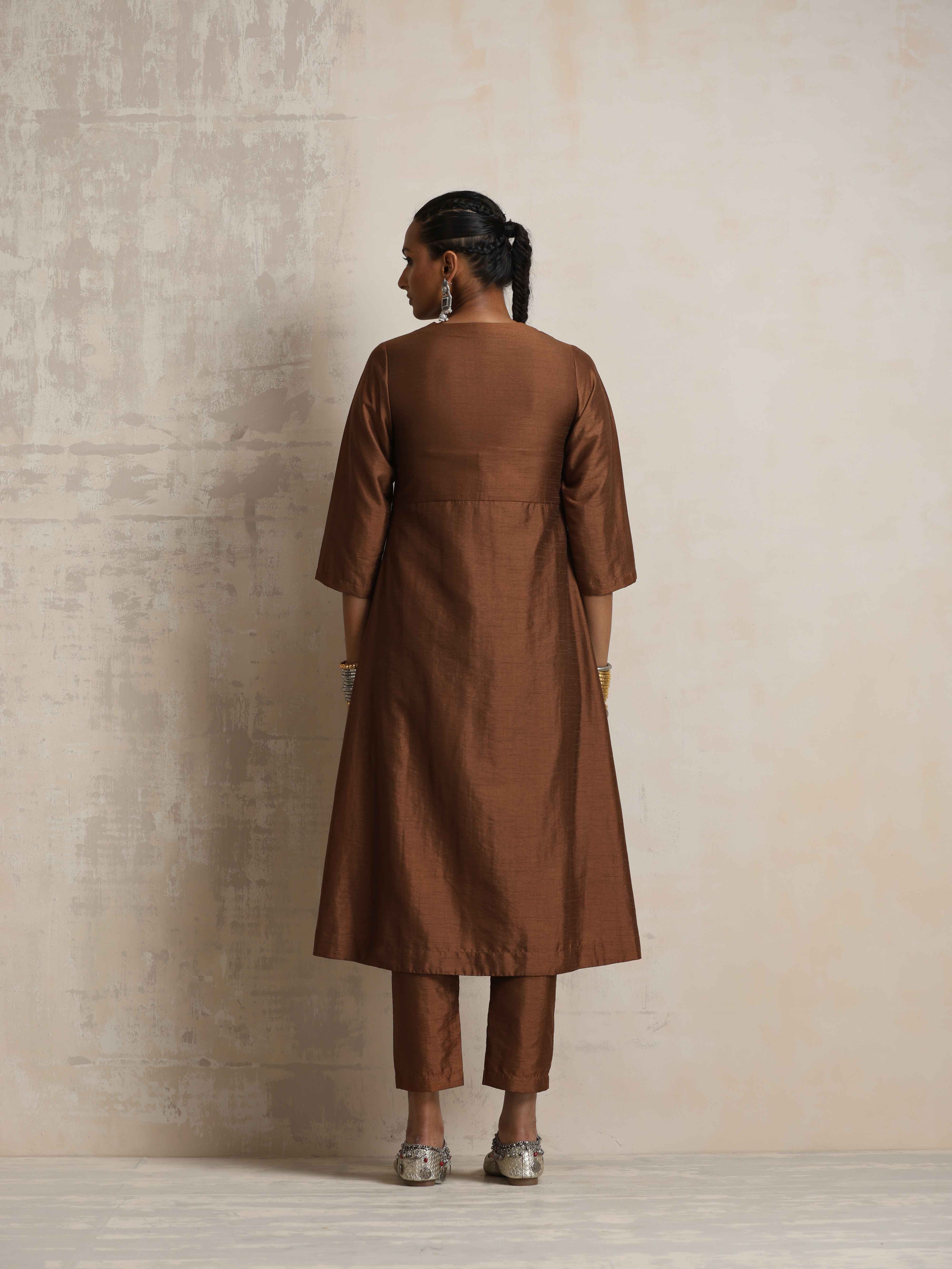trueBrowns Brown Silk Slit Kurta Set - Distacart