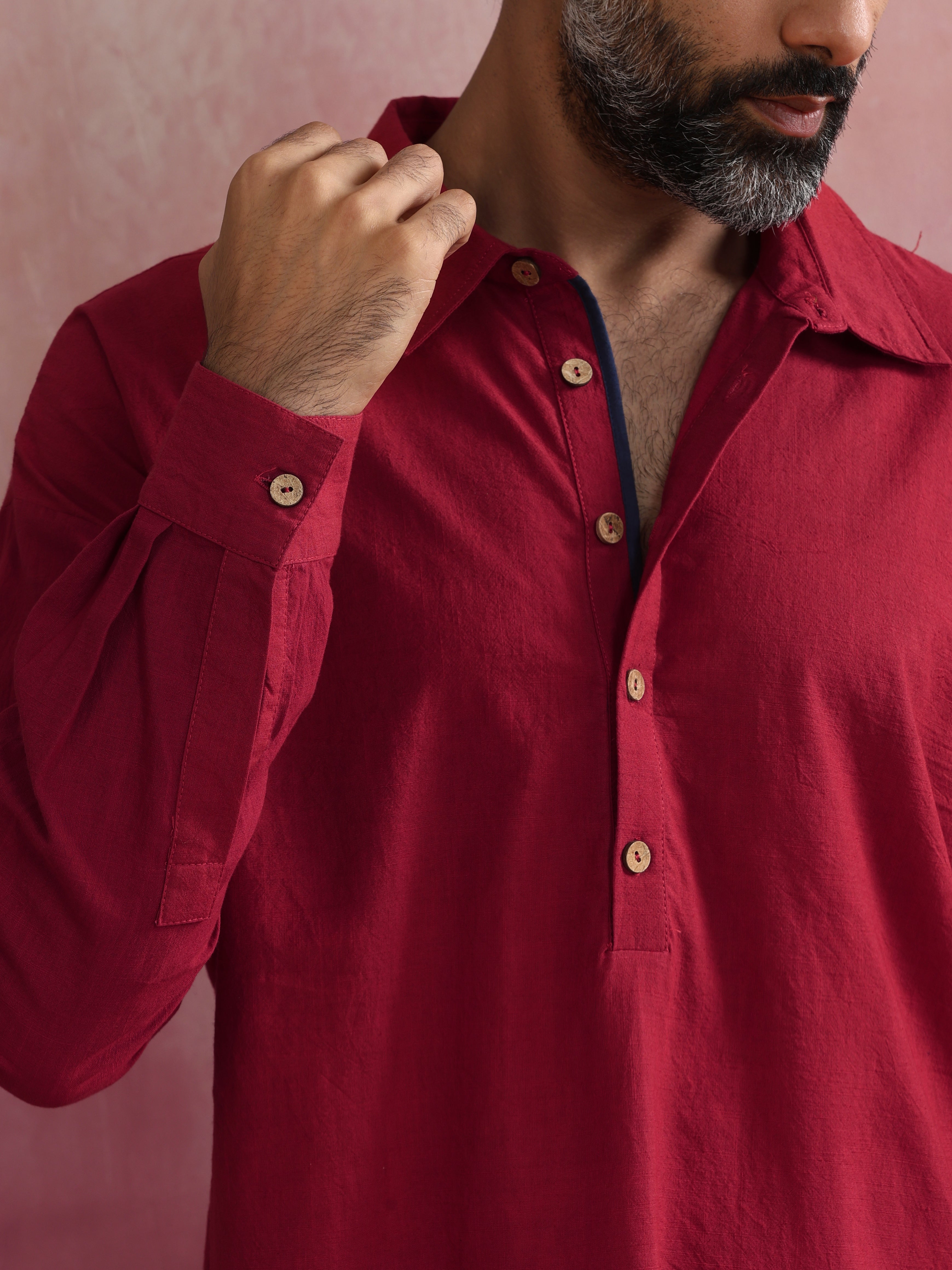 trueBrowns Men's Maroon Cotton Shirt Collar Stylized Kurta - Distacart