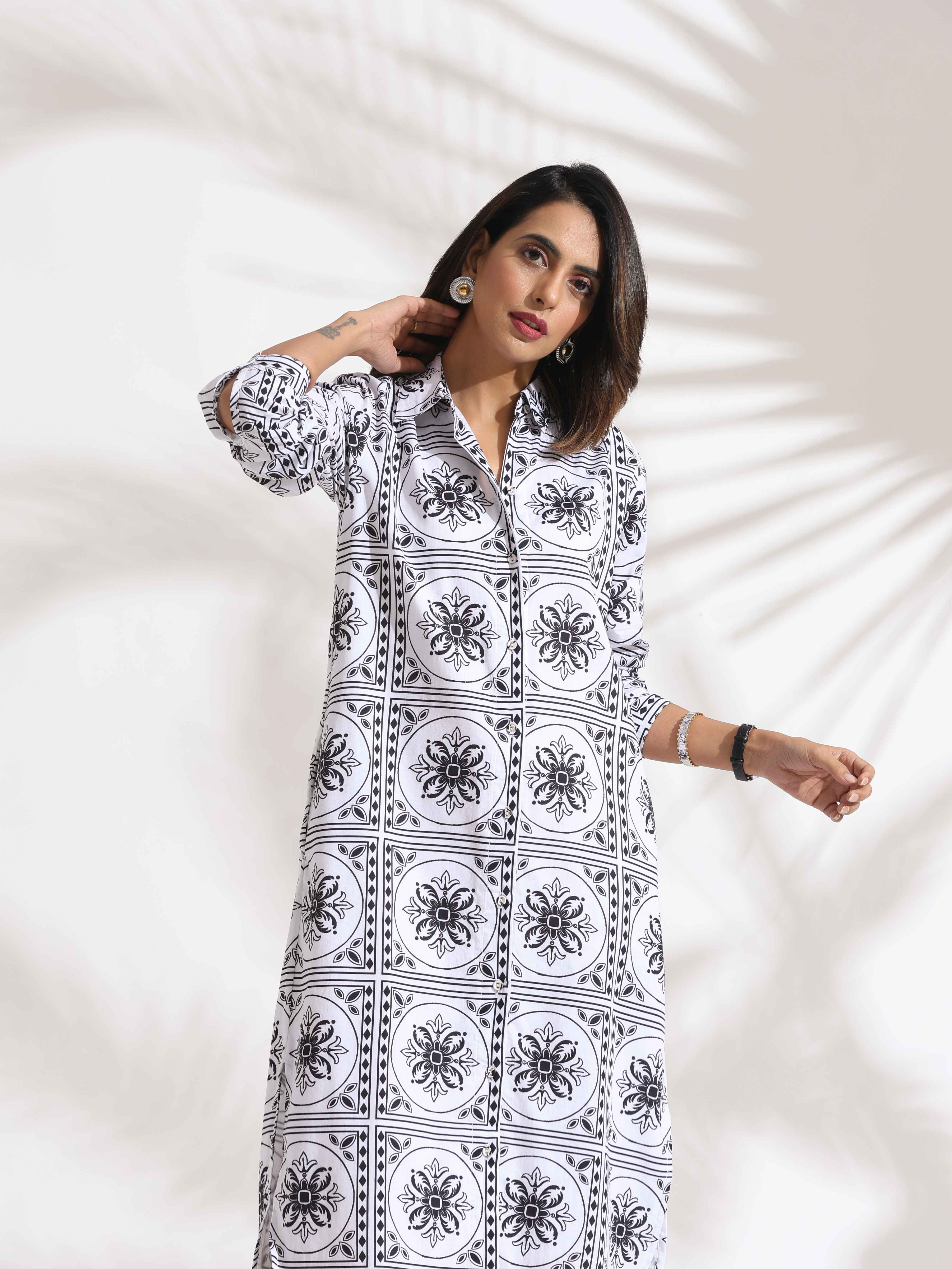 trueBrowns White Cotton Print Shirt Dress