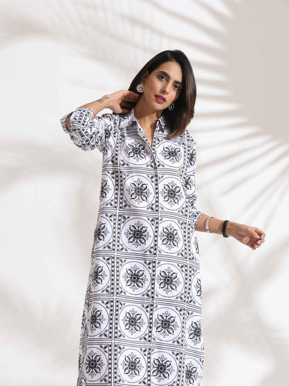 trueBrowns White Cotton Print Shirt Dress - Distacart