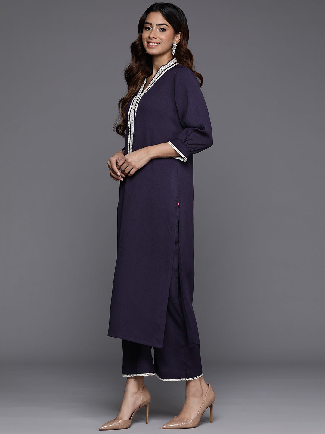 Varanga Women Navy Blue Cotton Lace Detailed Kurta Set - Distacart