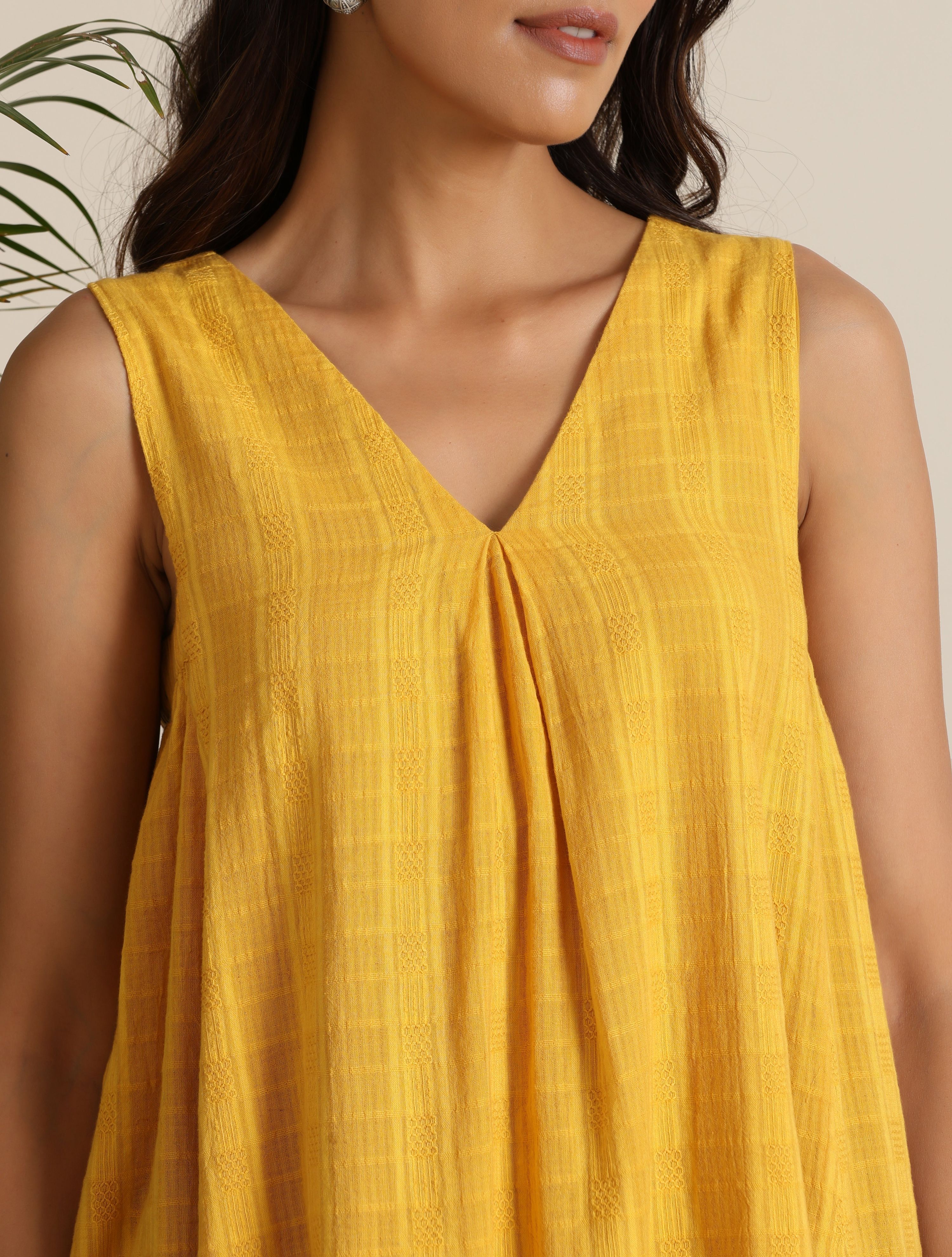 trueBrowns Mustard Cotton Dobby Sleeveless Co-ord Set