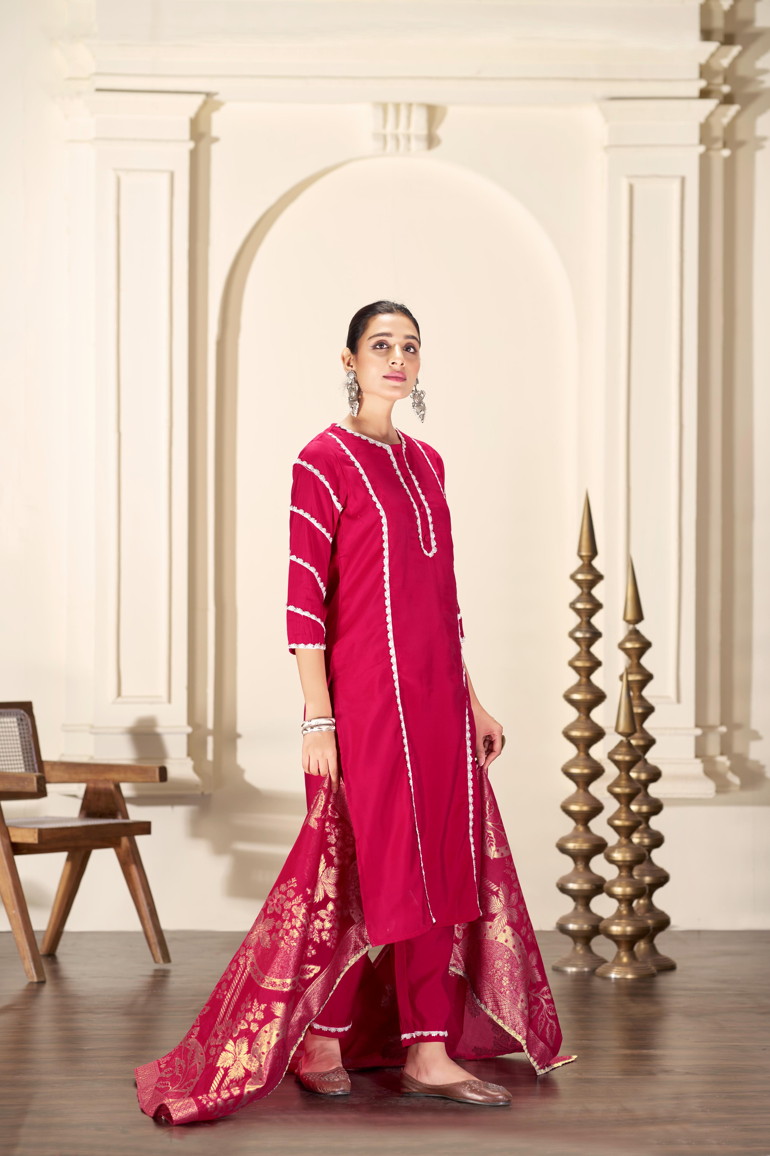 BulBul Almina Red Silk Kurta Set with Dupatta