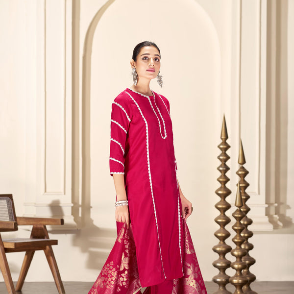 BulBul Almina Red Silk Kurta Set with Dupatta